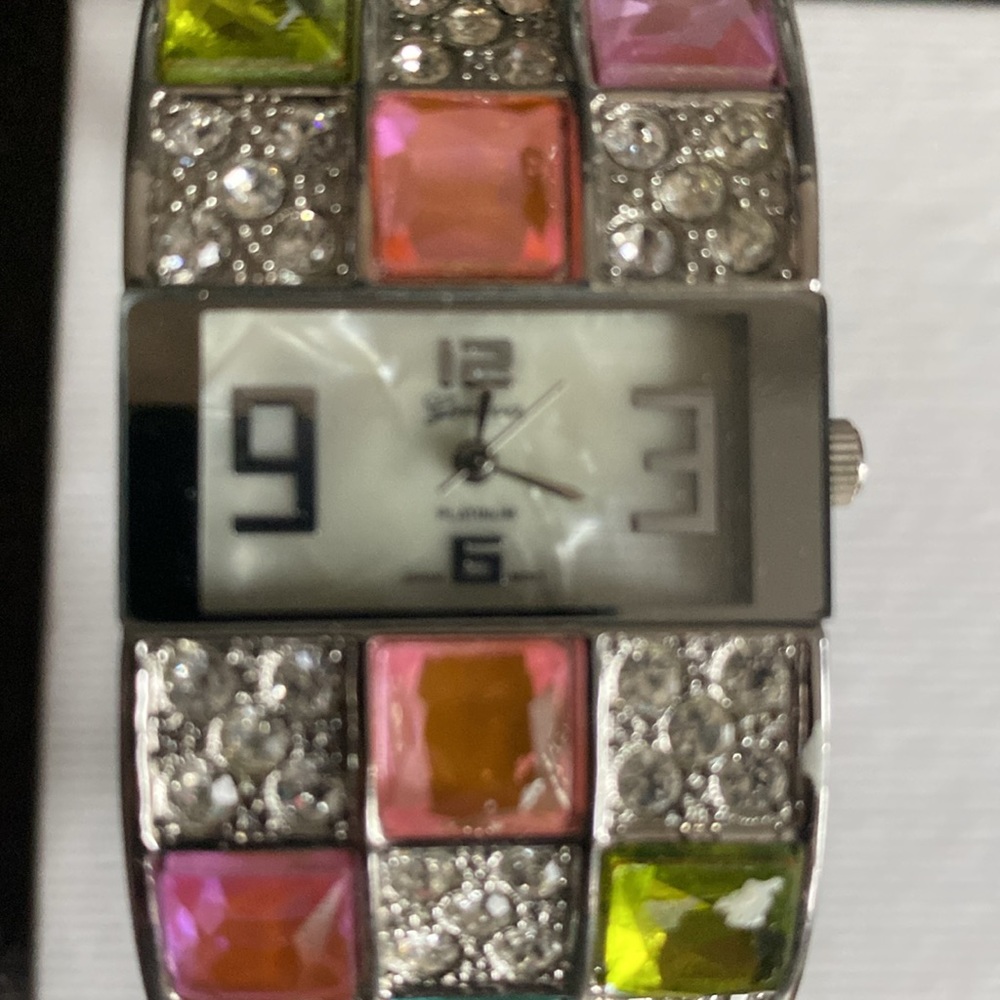 Geneva Silvertone Colorful Rhinestone Cuff Watch. - Picture 5 of 7